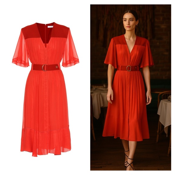 CHLOE midi dress silk blend Sepia Orange belted crepe short sleeve FR 40 US 8 - Picture 1 of 14